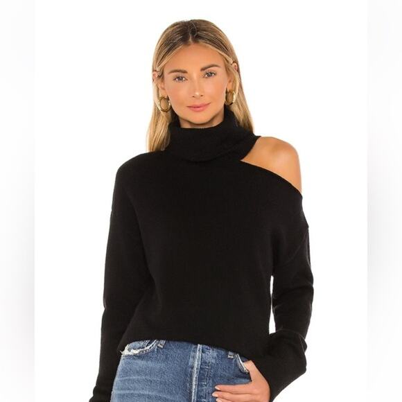 PAIGE Raundie Wool Cold Shoulder Cut Out Turtleneck Sweater Size XS Black Edgy - Picture 2 of 9